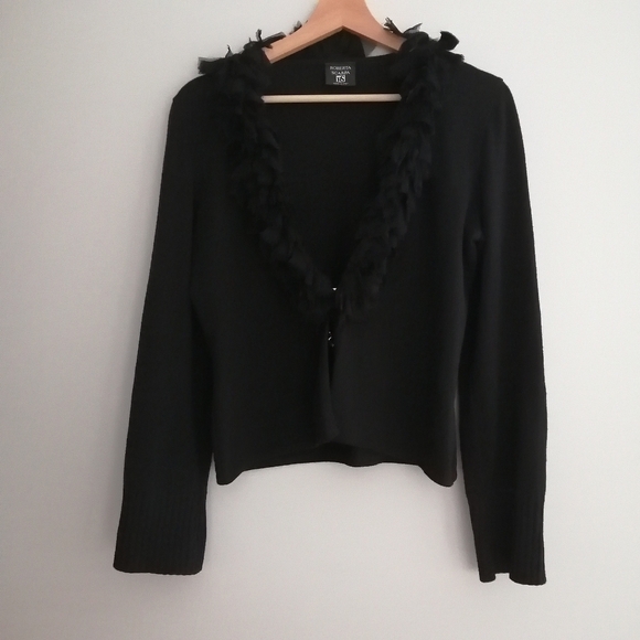 Roberta Scarpa Virgin Wool Cardigan with Silk Ruffle Trim Italian Luxury 12 (46) - Picture 2 of 16